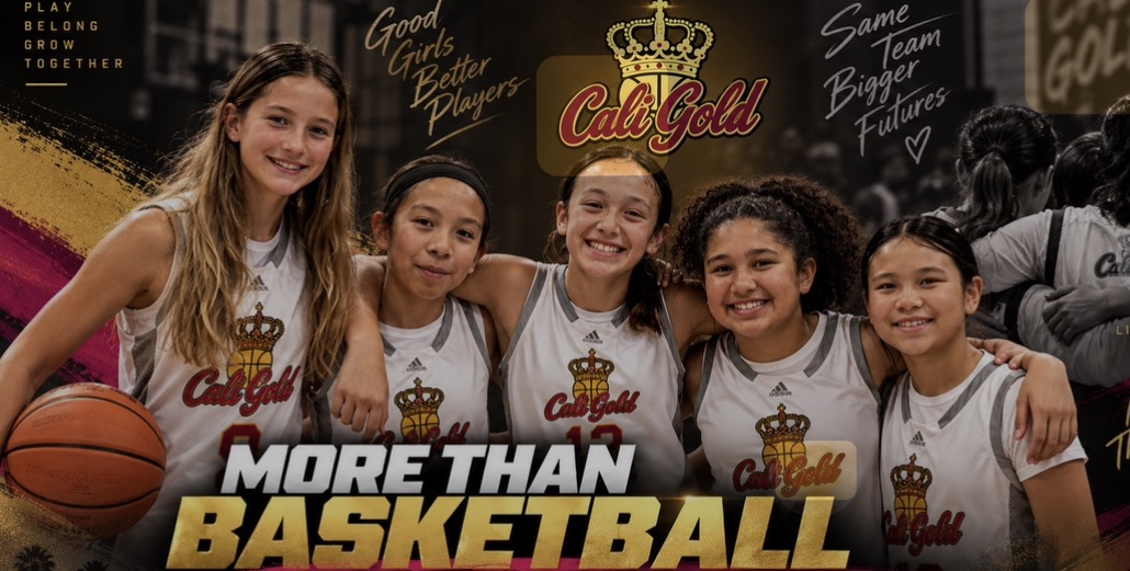 Five Cali Gold players with their arms around each other in white Cali Gold jerseys